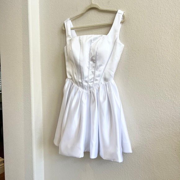 White Satin Corset Fit and Flare Mini Dress Bachelorette Party Bridal Graduation - Picture 9 of 13